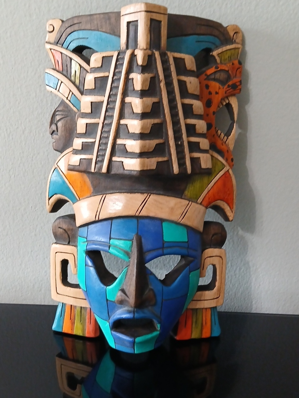 Handcarved Tribal Wall Mask - Blue Multicolor Decorative Home Art